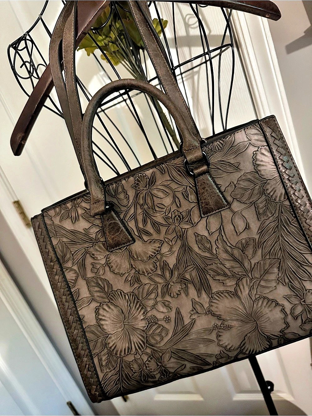 2 in 1: Brown Floral Tote Bag w/ multi strap options + small matching bucket bag